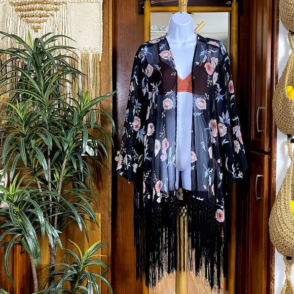 torrid Tops - Torrid Fringe Kimono 3/4 Plus Size Sheer Floral Boho Shawl Wrap Festival Wedding